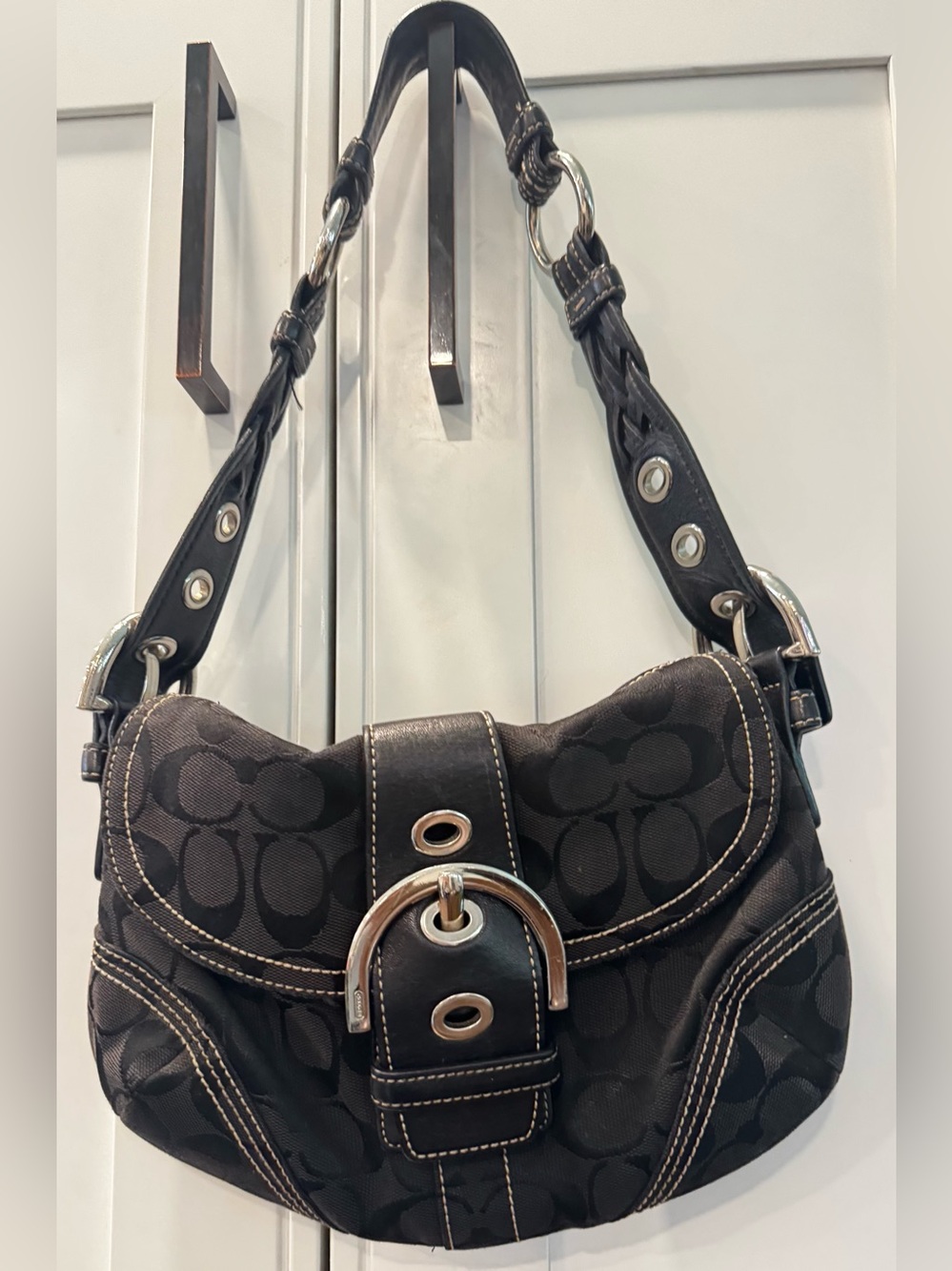COACH Soho Signature Buckle Shoulder Bag Black Canvas Leather Y2K Women's 6171